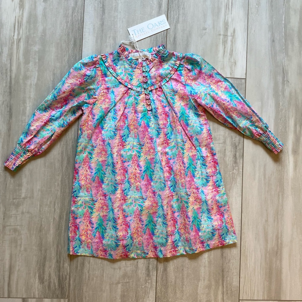 NWT The Oaks Apparel Whimsical Colorful Holiday Tree Print Ann Dress, girls 4